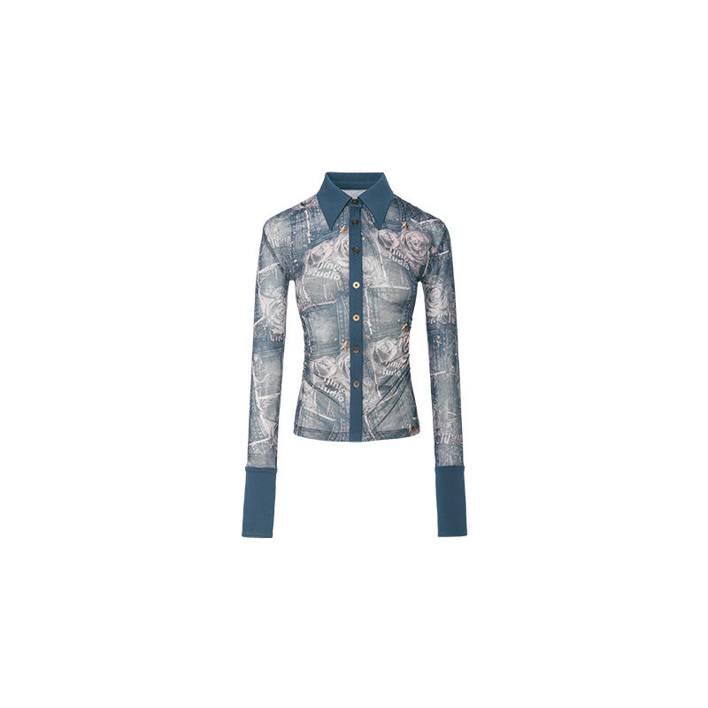 Mid-length Printed Mesh Pleated Shirt