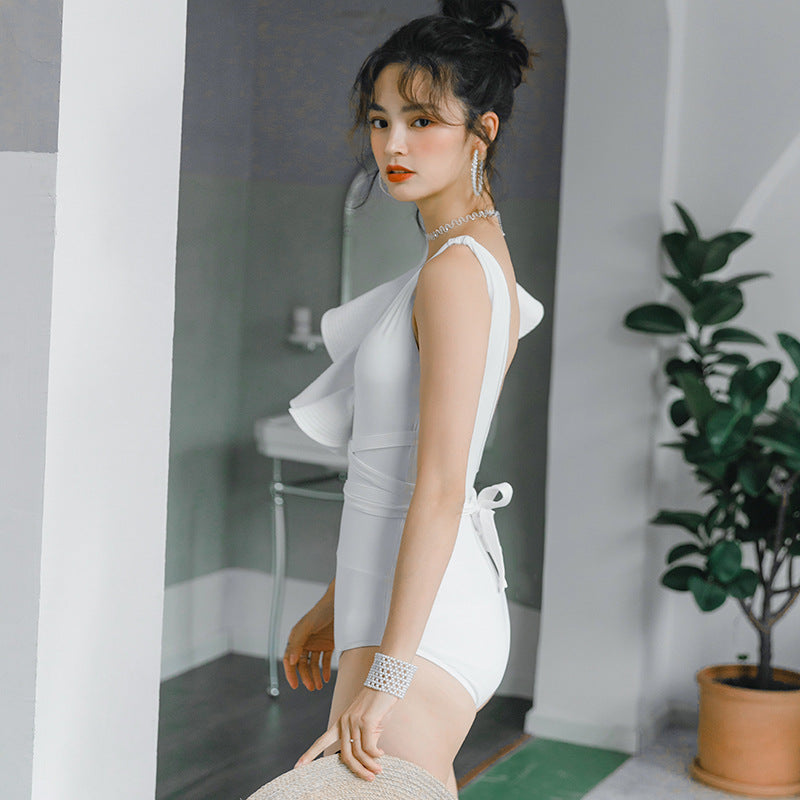 Lux White Ruffled backless Swimsuit