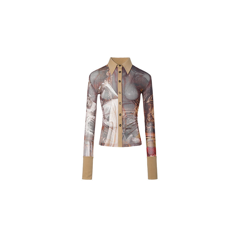 Mid-length Printed Mesh Pleated Shirt