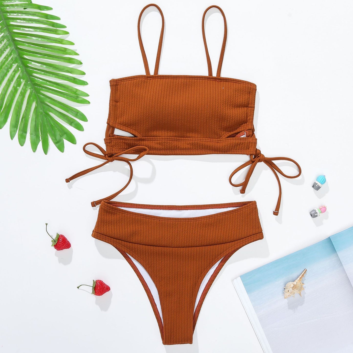 Rib Lace-up High Waist Swimsuit