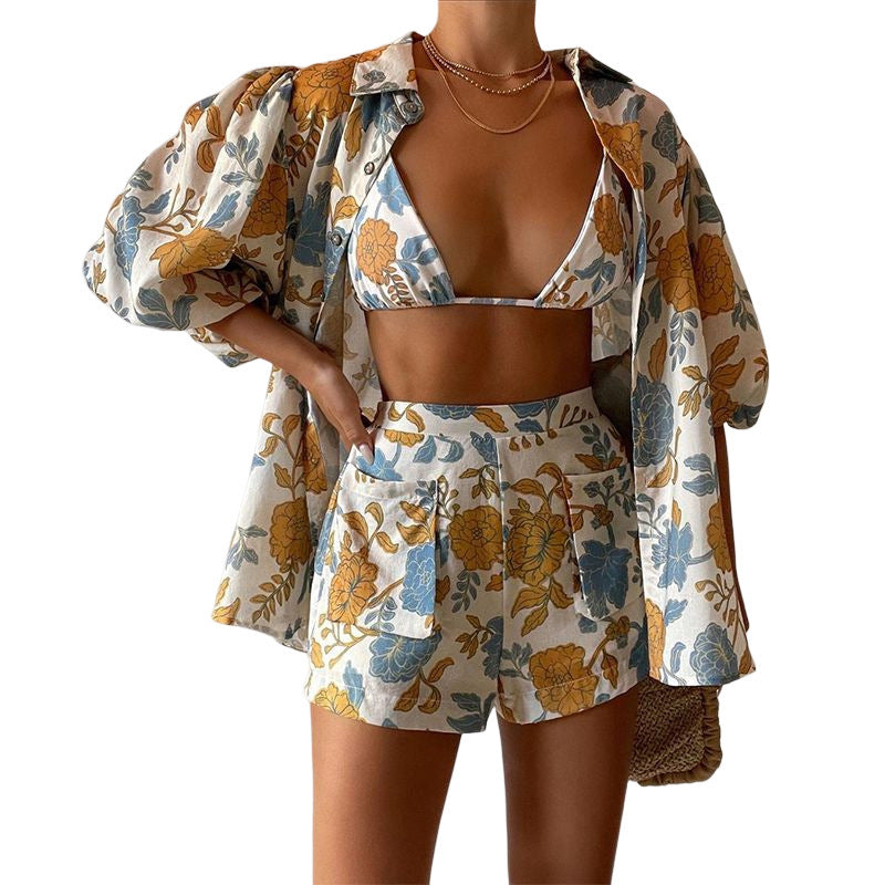 Printed Shirt Vest with Shorts - Three Piece Set