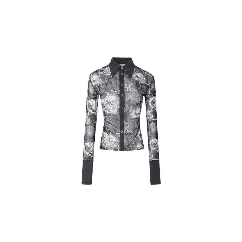 Mid-length Printed Mesh Pleated Shirt