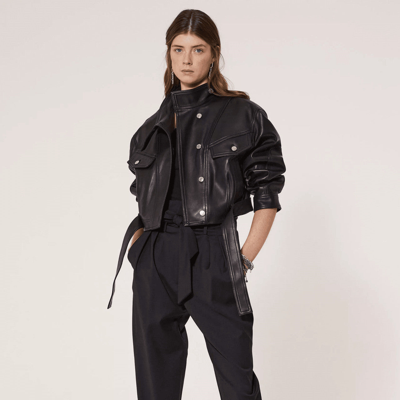 Leather Belted Denim Jacket