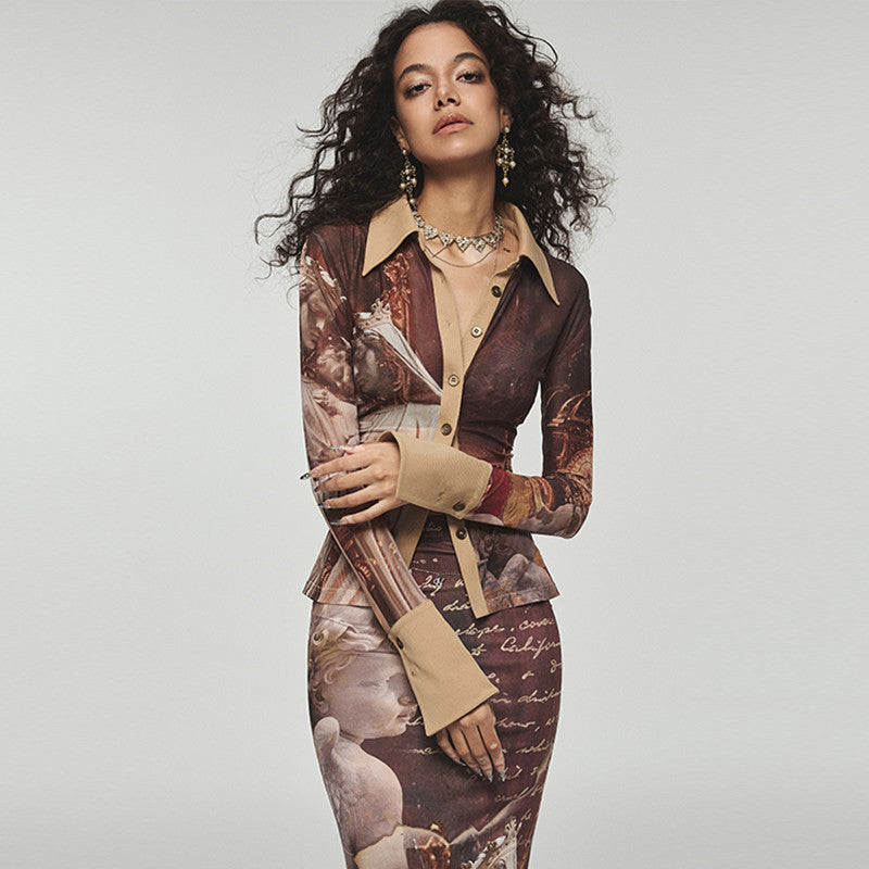 Mid-length Printed Mesh Pleated Shirt