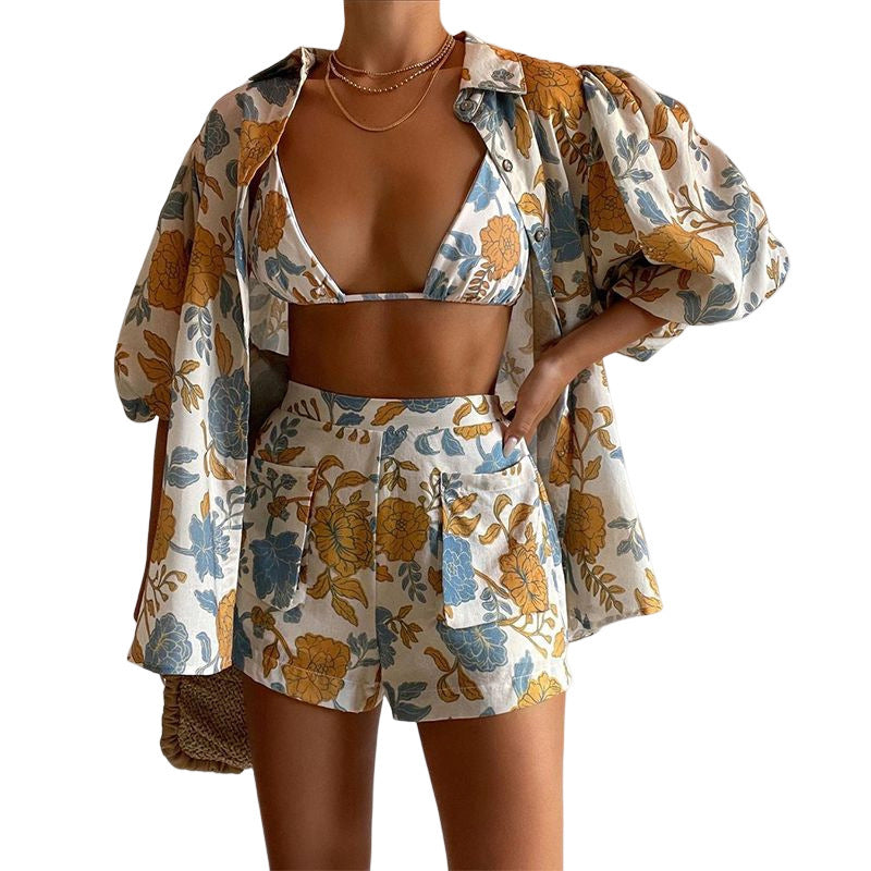 Printed Shirt Vest with Shorts - Three Piece Set