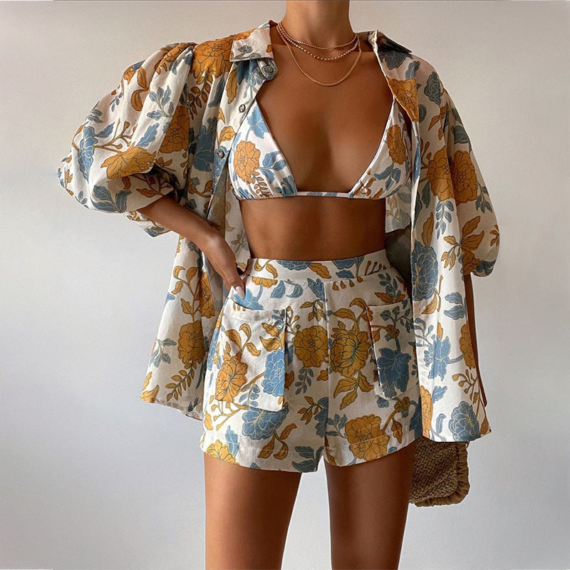 Printed Shirt Vest with Shorts - Three Piece Set