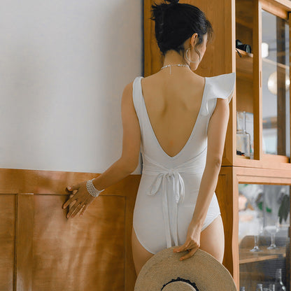Lux White Ruffled backless Swimsuit