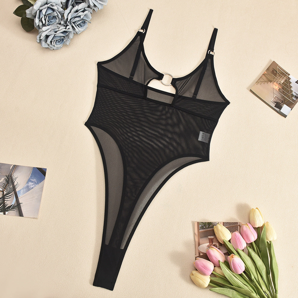 Popular Mesh See-through Chest Iron Hoop Hollow Design Jumpsuit