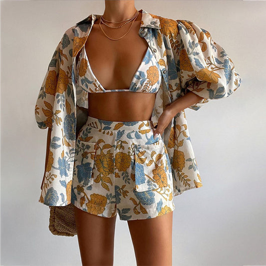 Printed Shirt Vest with Shorts - Three Piece Set